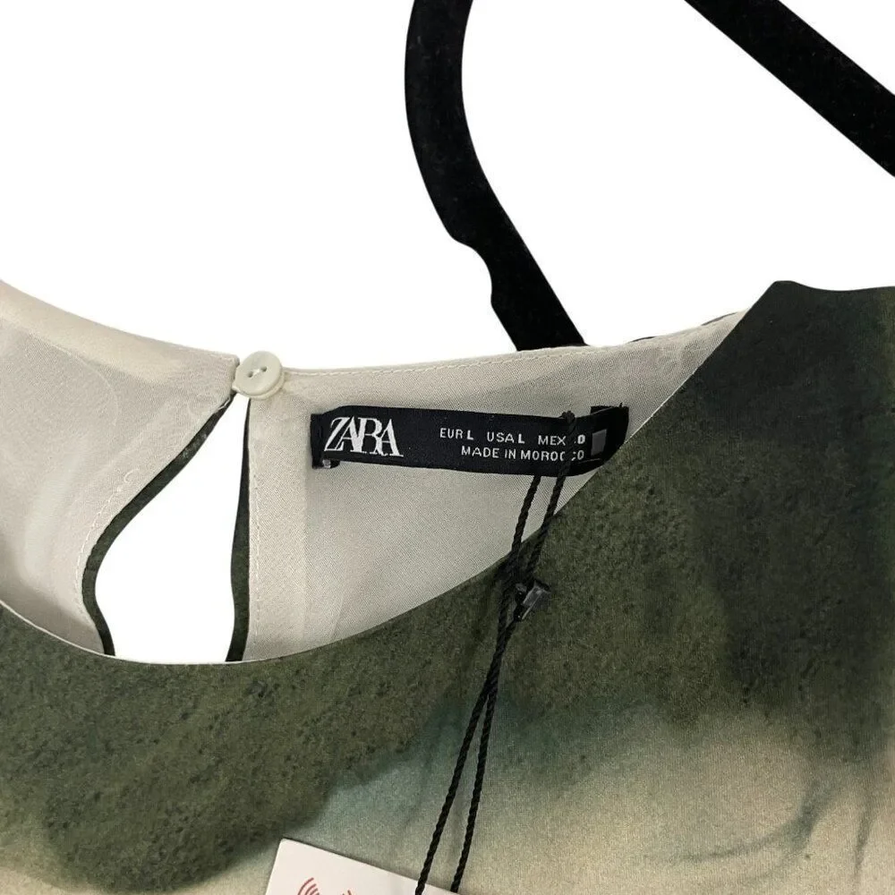 Zara Womens Midi Dress L Green Printed Satin Effect Short Sleeve 2362/119 NWT - Picture 4 of 15